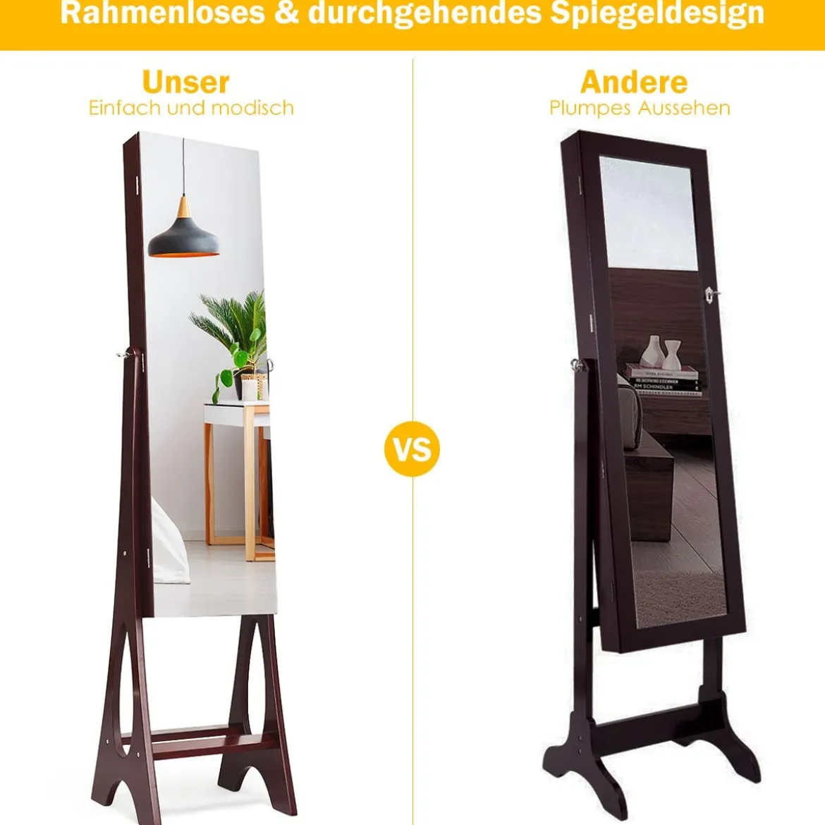 Schmuckschrank mit 12 LEDs Standspiegel 2 in 1 Ganzkörperspiegel 36 x 33,5 x 154 cm Braun