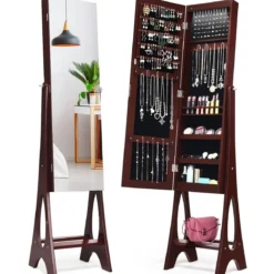 Schmuckschrank mit 12 LEDs Standspiegel 2 in 1 Ganzkörperspiegel 36 x 33,5 x 154 cm Braun