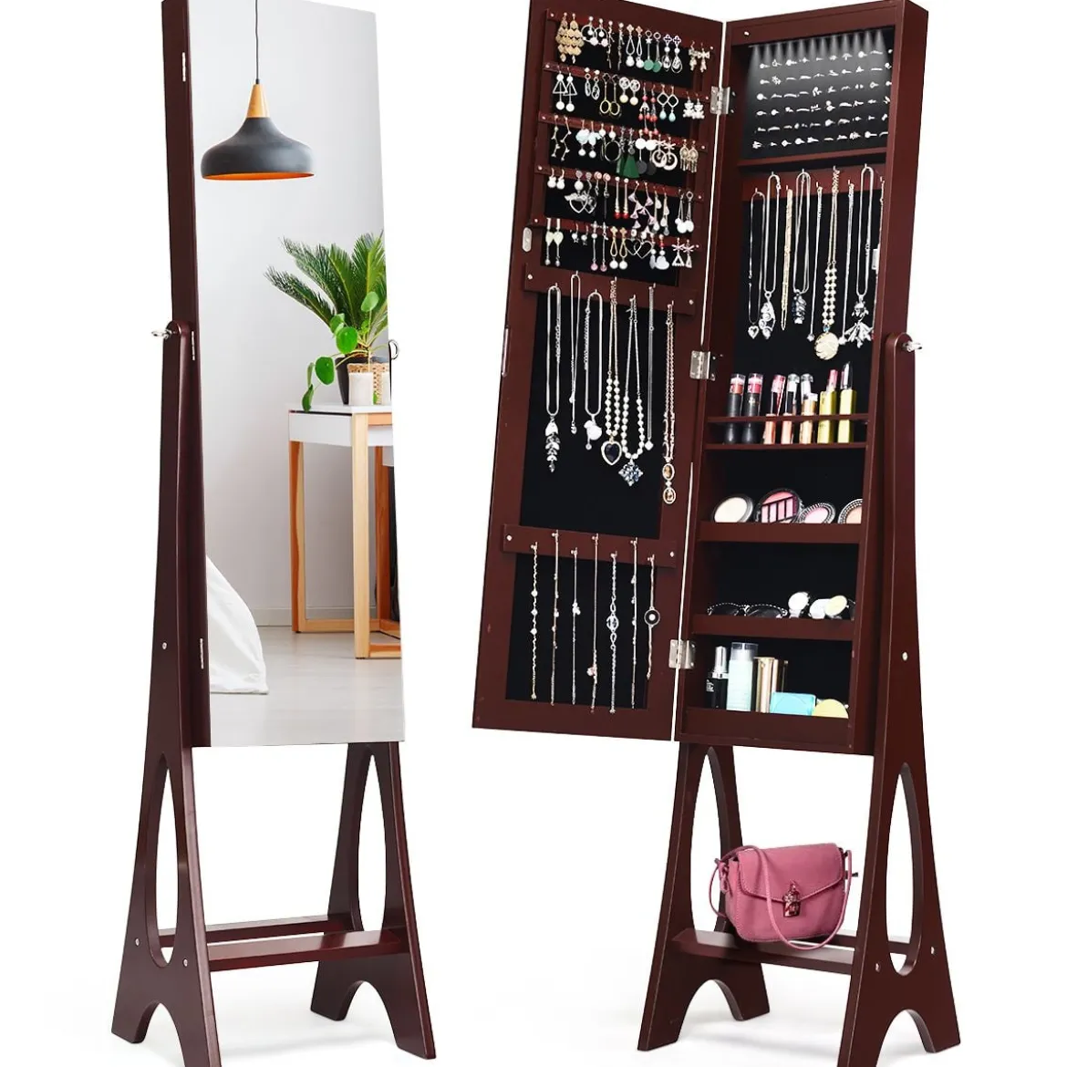 Schmuckschrank mit 12 LEDs Standspiegel 2 in 1 Ganzkörperspiegel 36 x 33,5 x 154 cm Braun
