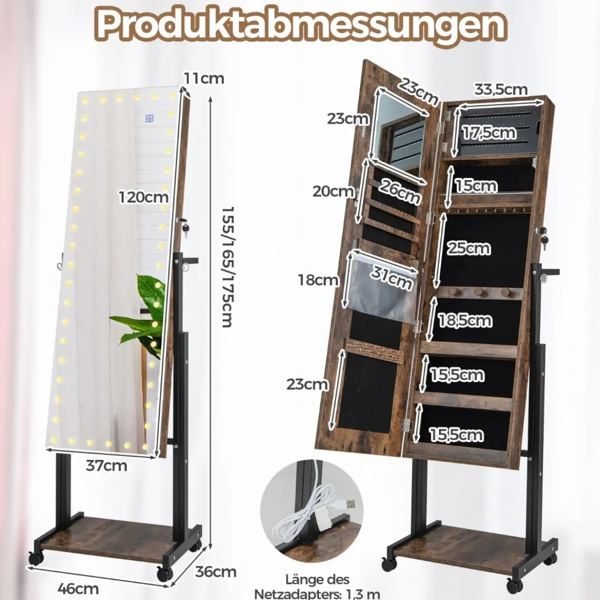 Schmuckschrank mit Rollen 4 in 1 Spiegelschrank mit 3-farbig LED Leuchten & verstellbarer Höhe Braun