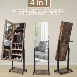 Schmuckschrank mit Rollen 4 in 1 Spiegelschrank mit 3-farbig LED Leuchten & verstellbarer Höhe Braun