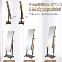 Schmuckschrank mit Rollen 4 in 1 Spiegelschrank mit 3-farbig LED Leuchten & verstellbarer Höhe Braun