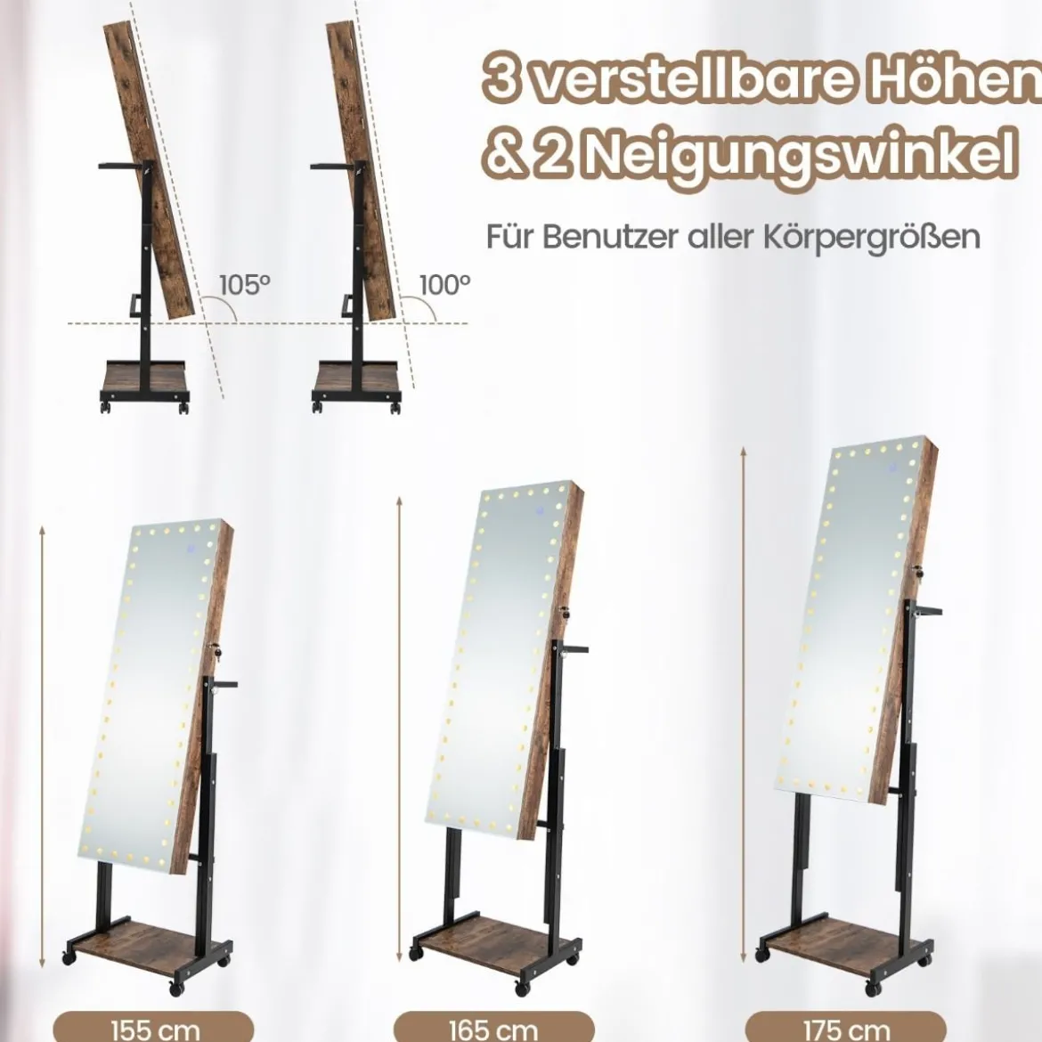 Schmuckschrank mit Rollen 4 in 1 Spiegelschrank mit 3-farbig LED Leuchten & verstellbarer Höhe Braun