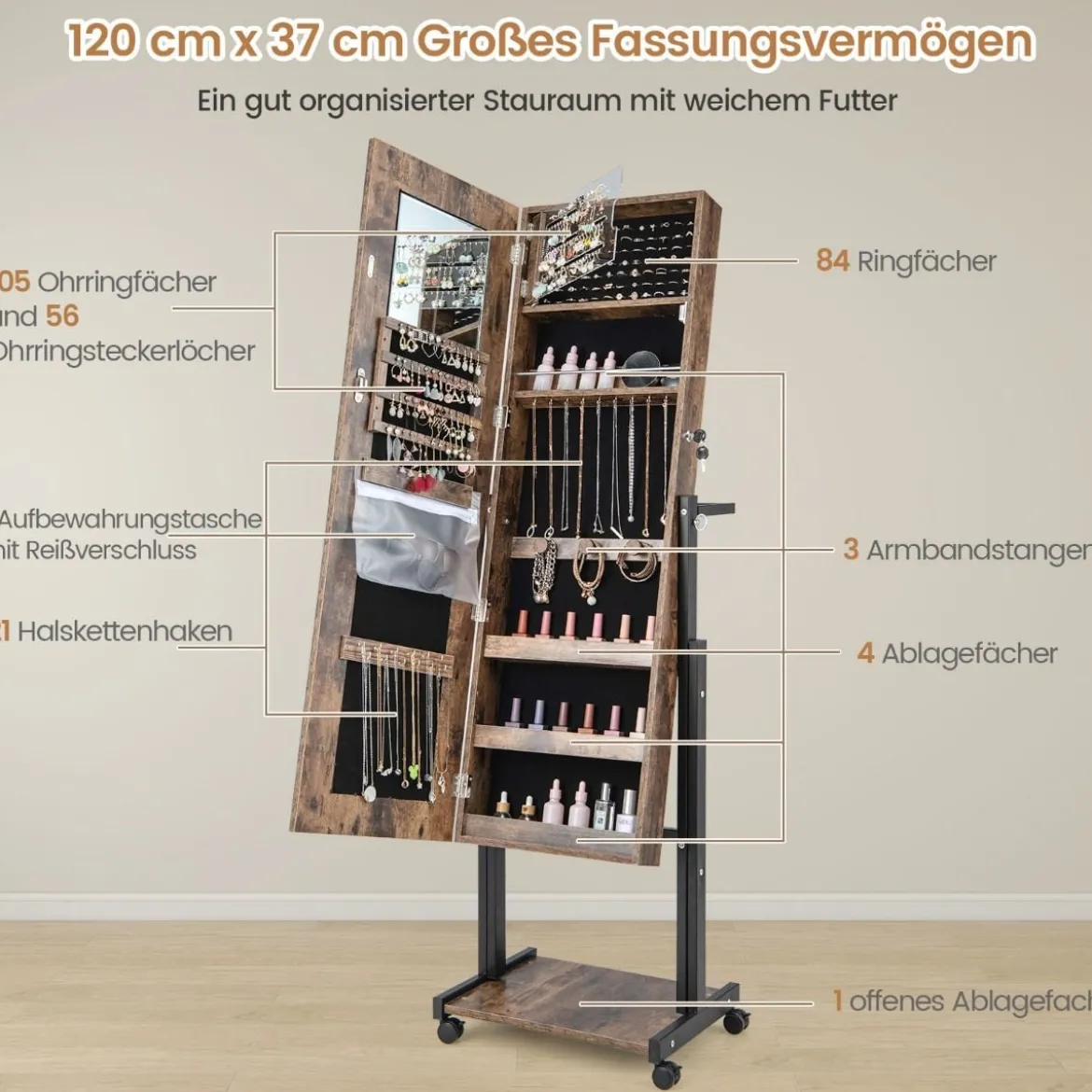 Schmuckschrank mit Rollen 4 in 1 Spiegelschrank mit 3-farbig LED Leuchten & verstellbarer Höhe Braun