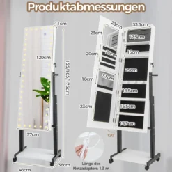 Schmuckschrank mit Rollen 4 in 1 Spiegelschrank mit 3-farbig LED Leuchten & verstellbarer Höhe Weiß