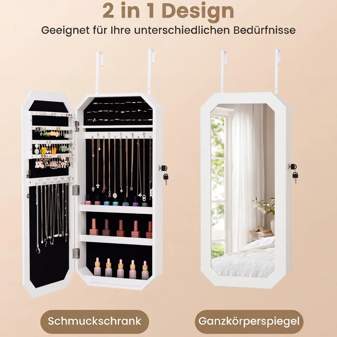 Schmuckschrank mit Spiegel Abschließbarer Hängeschrank mit Magnetische Tür 36 x 10 x 80 cm Weiß