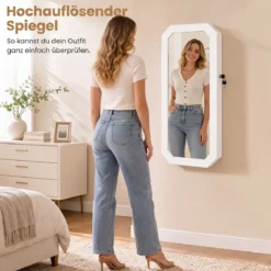 Schmuckschrank mit Spiegel Abschließbarer Hängeschrank mit Magnetische Tür 36 x 10 x 80 cm Weiß