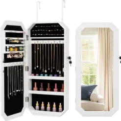 Schmuckschrank mit Spiegel Abschließbarer Hängeschrank mit Magnetische Tür 36 x 10 x 80 cm Weiß