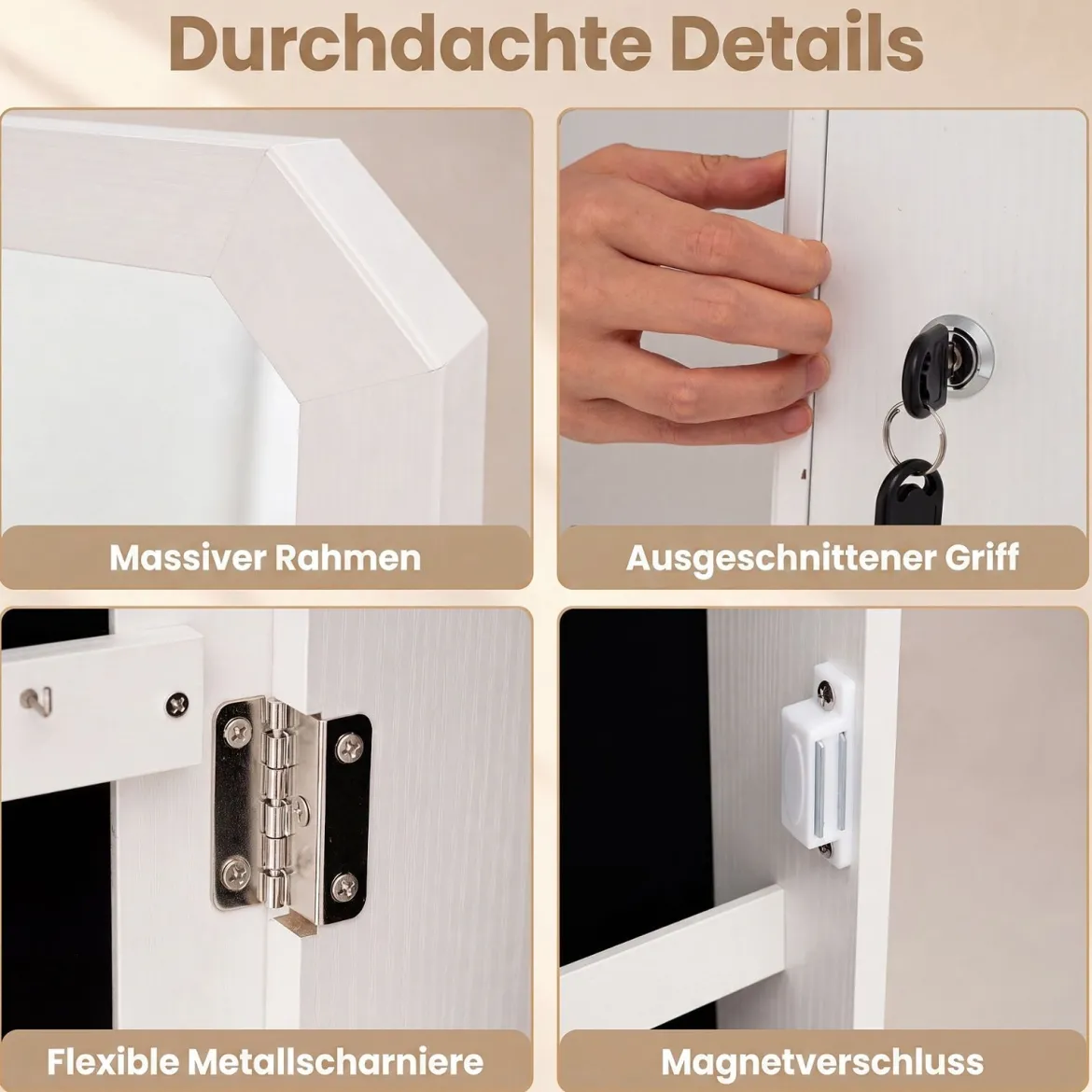 Schmuckschrank mit Spiegel Abschließbarer Hängeschrank mit Magnetische Tür 36 x 10 x 80 cm Weiß
