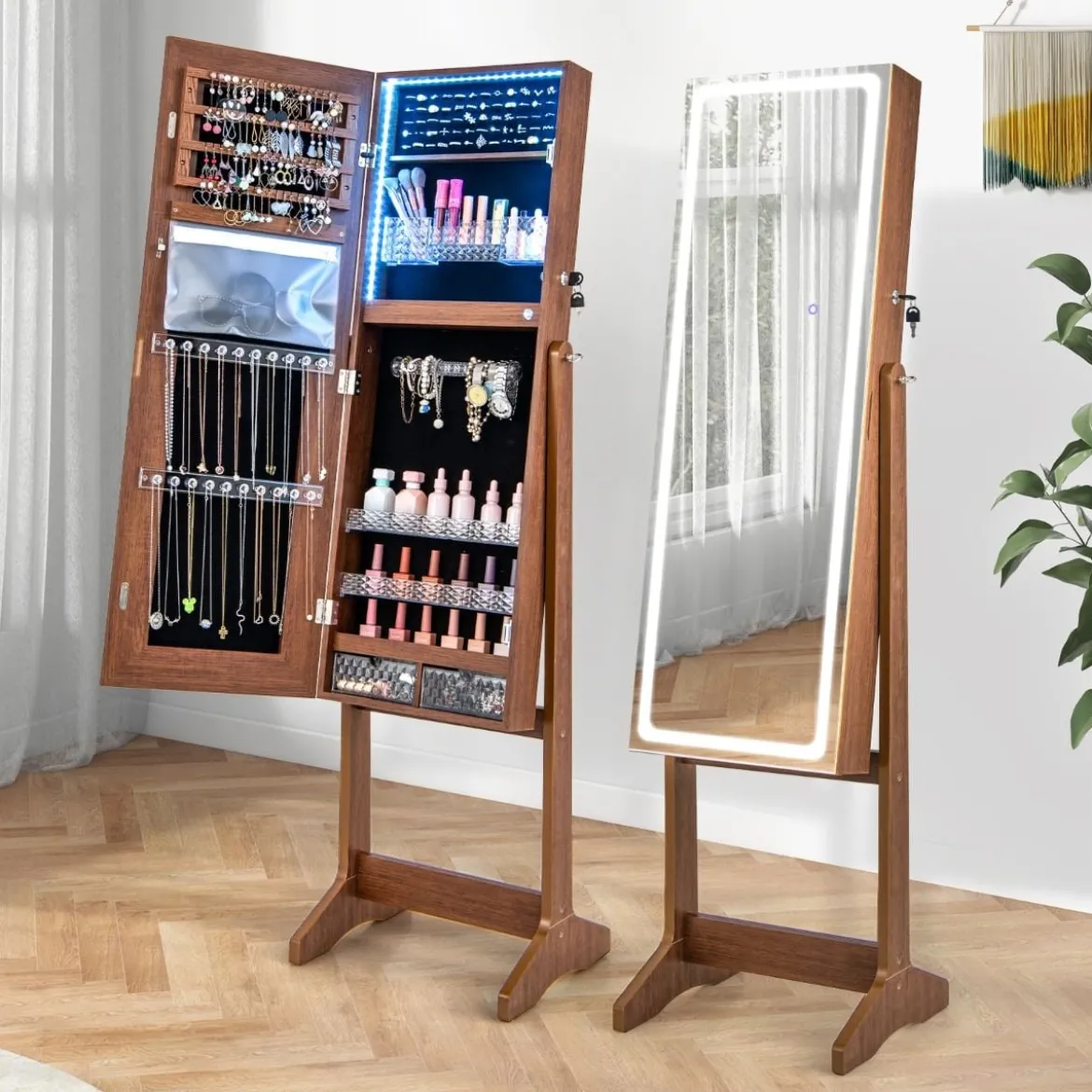 Schmuckschrank mit Spiegel & 3-farbigen LED Beleuchtung Spiegelschrank Schmuckregal