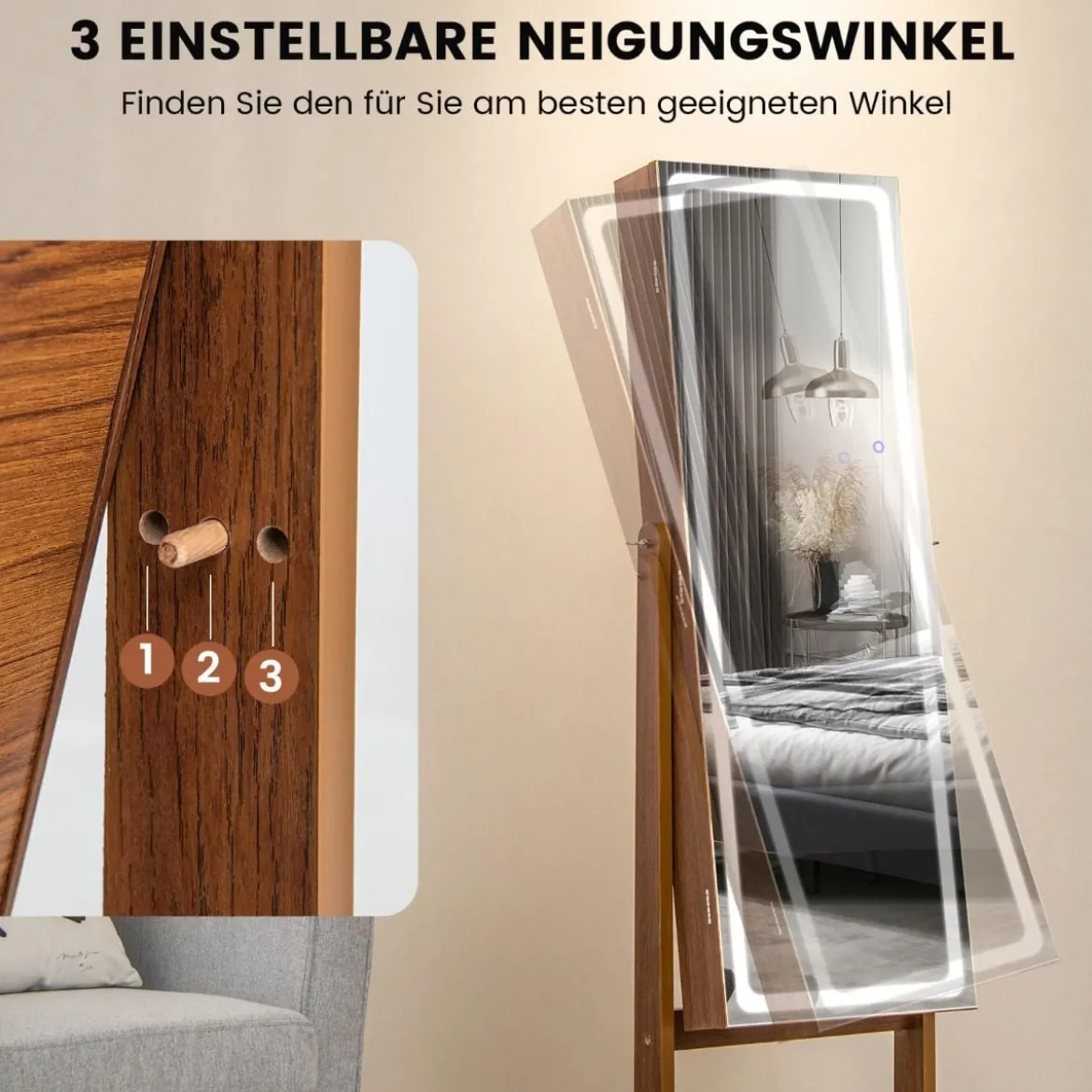 Schmuckschrank mit Spiegel & 3-farbigen LED Beleuchtung Spiegelschrank Schmuckregal