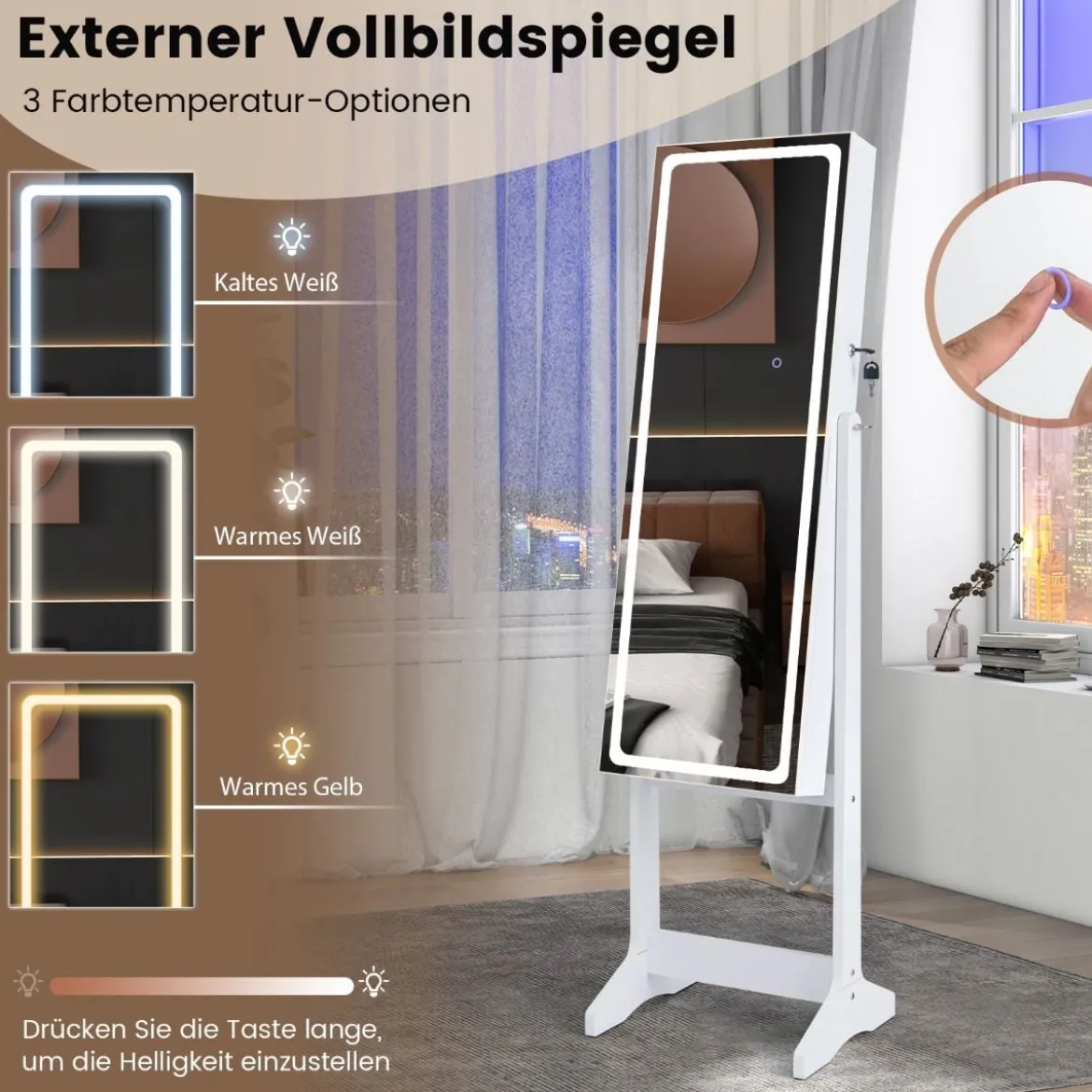 Schmuckschrank mit Spiegel & 3-farbigen LED Beleuchtung Spiegelschrank Schmuckregal