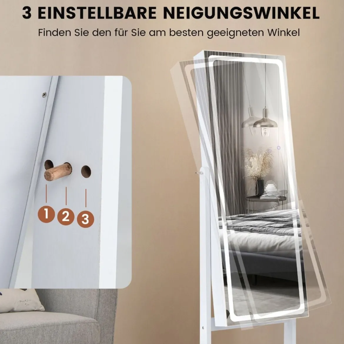 Schmuckschrank mit Spiegel & 3-farbigen LED Beleuchtung Spiegelschrank Schmuckregal