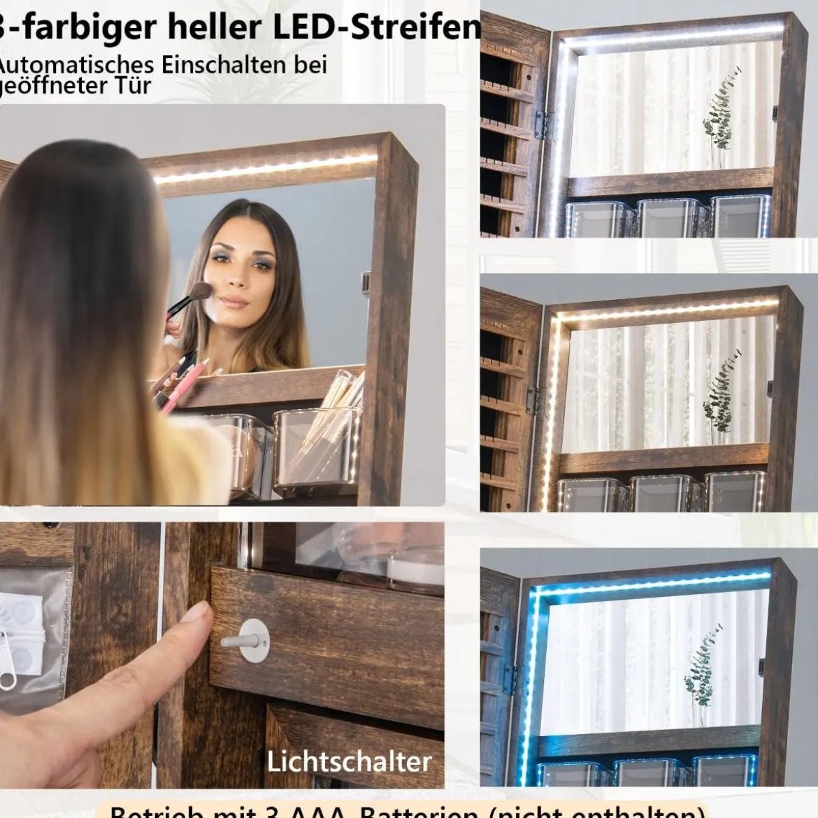 Schmuckschrank mit Spiegel & 3-farbigen LED Beleuchtung 41,5 x 37 x 157 cm Rustikales Braun