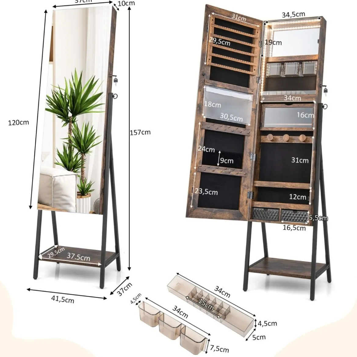 Schmuckschrank mit Spiegel & 3-farbigen LED Beleuchtung 41,5 x 37 x 157 cm Rustikales Braun