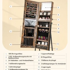 Schmuckschrank mit Spiegel & 3-farbigen LED Beleuchtung 41,5 x 37 x 157 cm Rustikales Braun