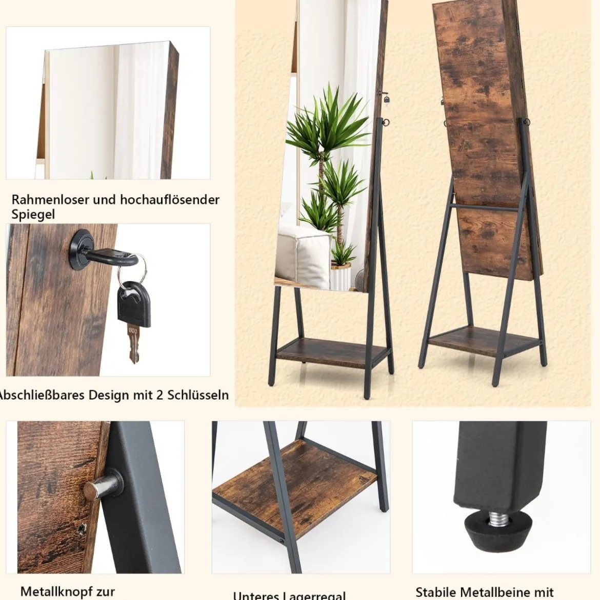 Schmuckschrank mit Spiegel & 3-farbigen LED Beleuchtung 41,5 x 37 x 157 cm Rustikales Braun