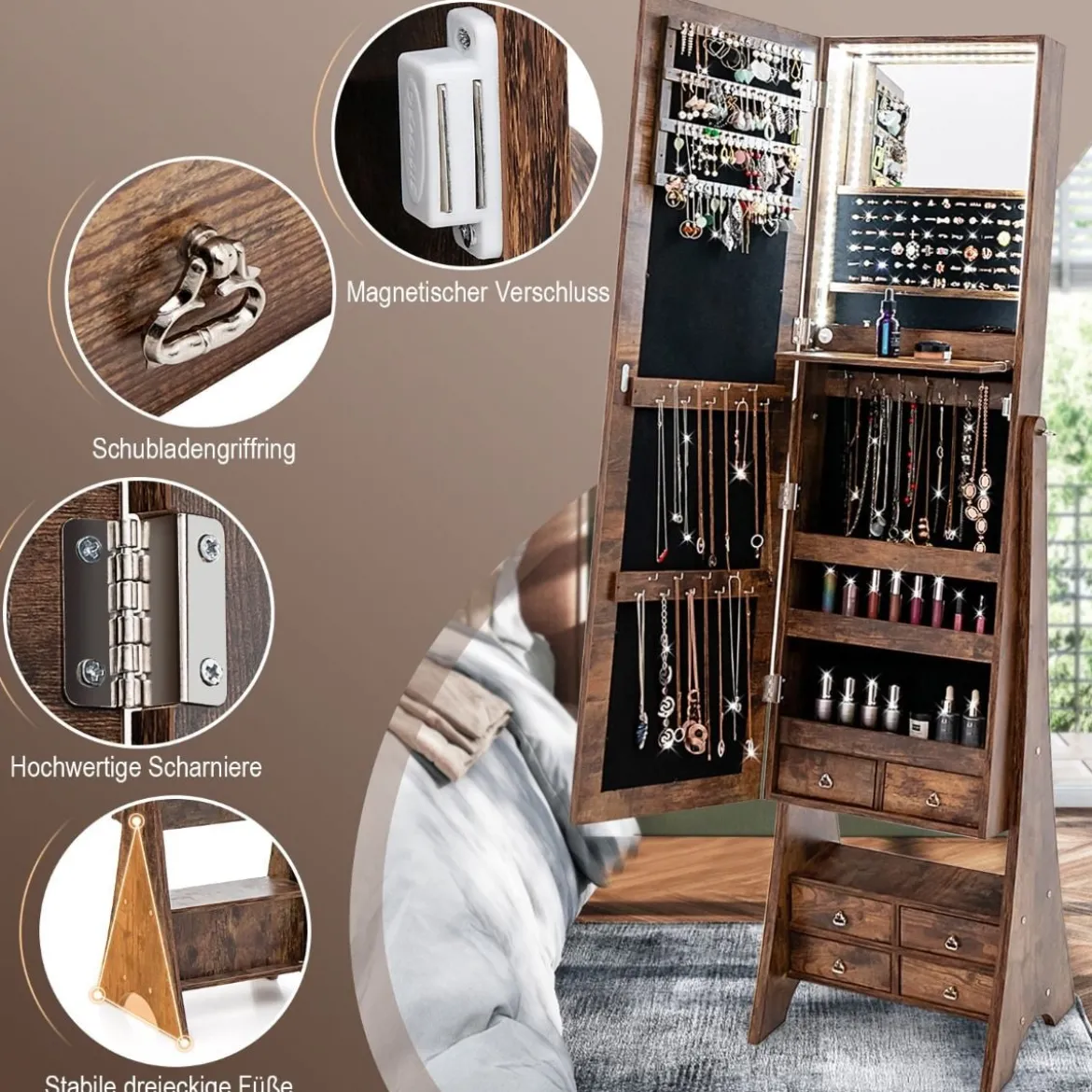 Schmuckschrank mit Spiegel mit Beleuchtung Schmuck Spiegelschrank Braun/Weiß