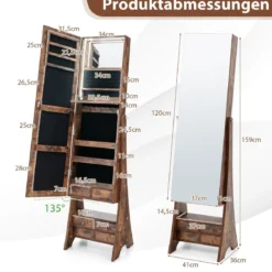 Schmuckschrank mit Spiegel mit Beleuchtung Schmuck Spiegelschrank Braun/Weiß
