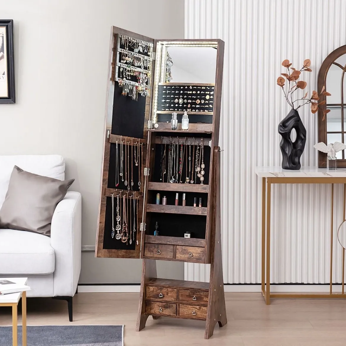 Schmuckschrank mit Spiegel mit Beleuchtung Schmuck Spiegelschrank mit Schubladen Braun