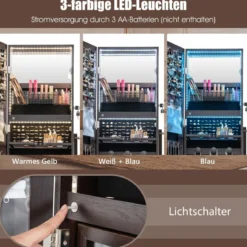 Schmuckschrank mit 3 Spiegeln & Schublade & Rollen & Leuchten Schmuckspiegel Braun