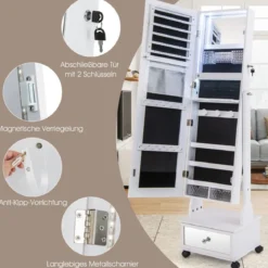 Schmuckschrank mit 3 Spiegeln & Schublade & Rollen & Leuchten Schmuckspiegel Weiß