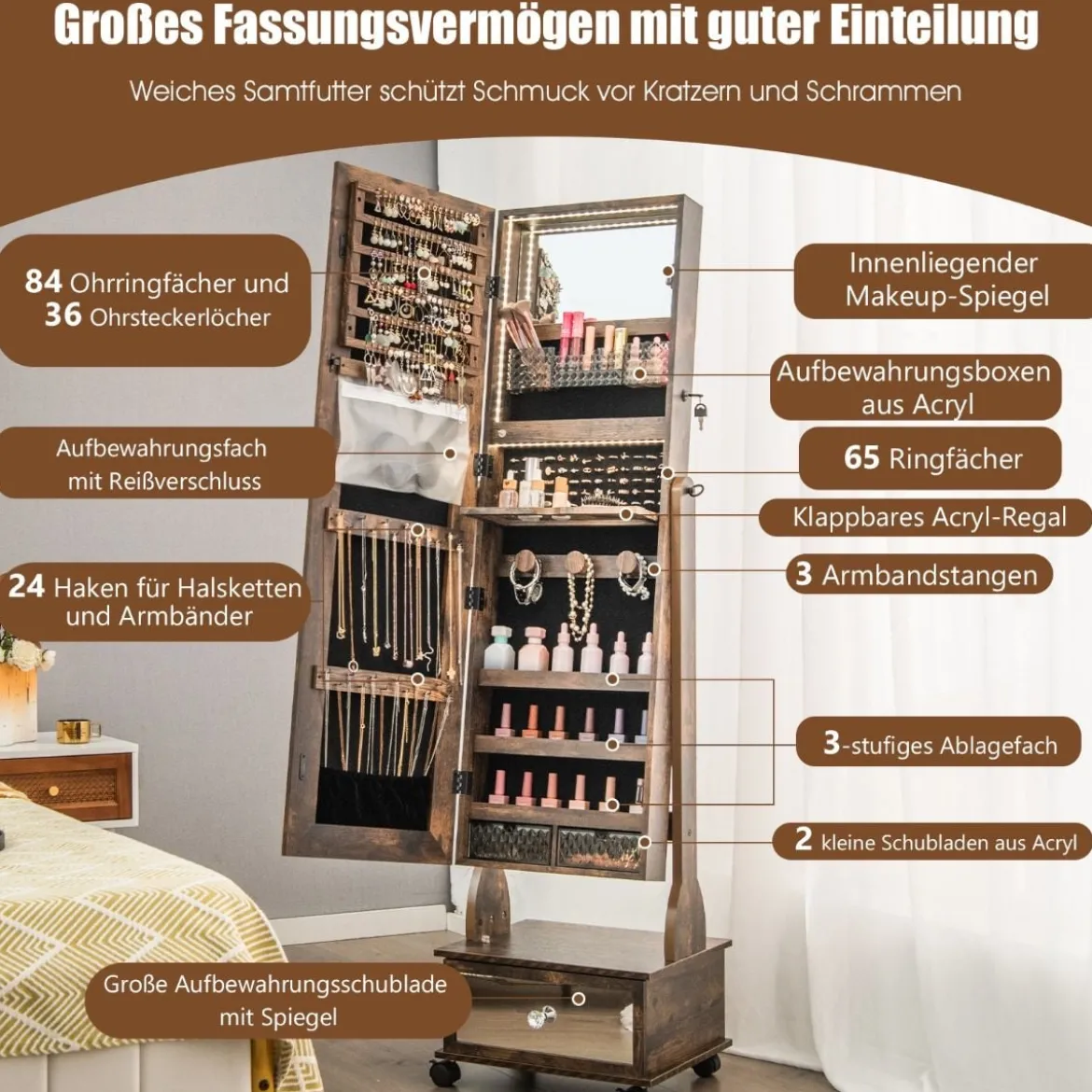 Schmuckschrank mit 3 Spiegeln & Schublade & Rollen & Leuchten Schmuckspiegel Rustikales Braun