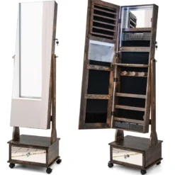 Schmuckschrank mit 3 Spiegeln & Schublade & Rollen & Leuchten Schmuckspiegel Rustikales Braun