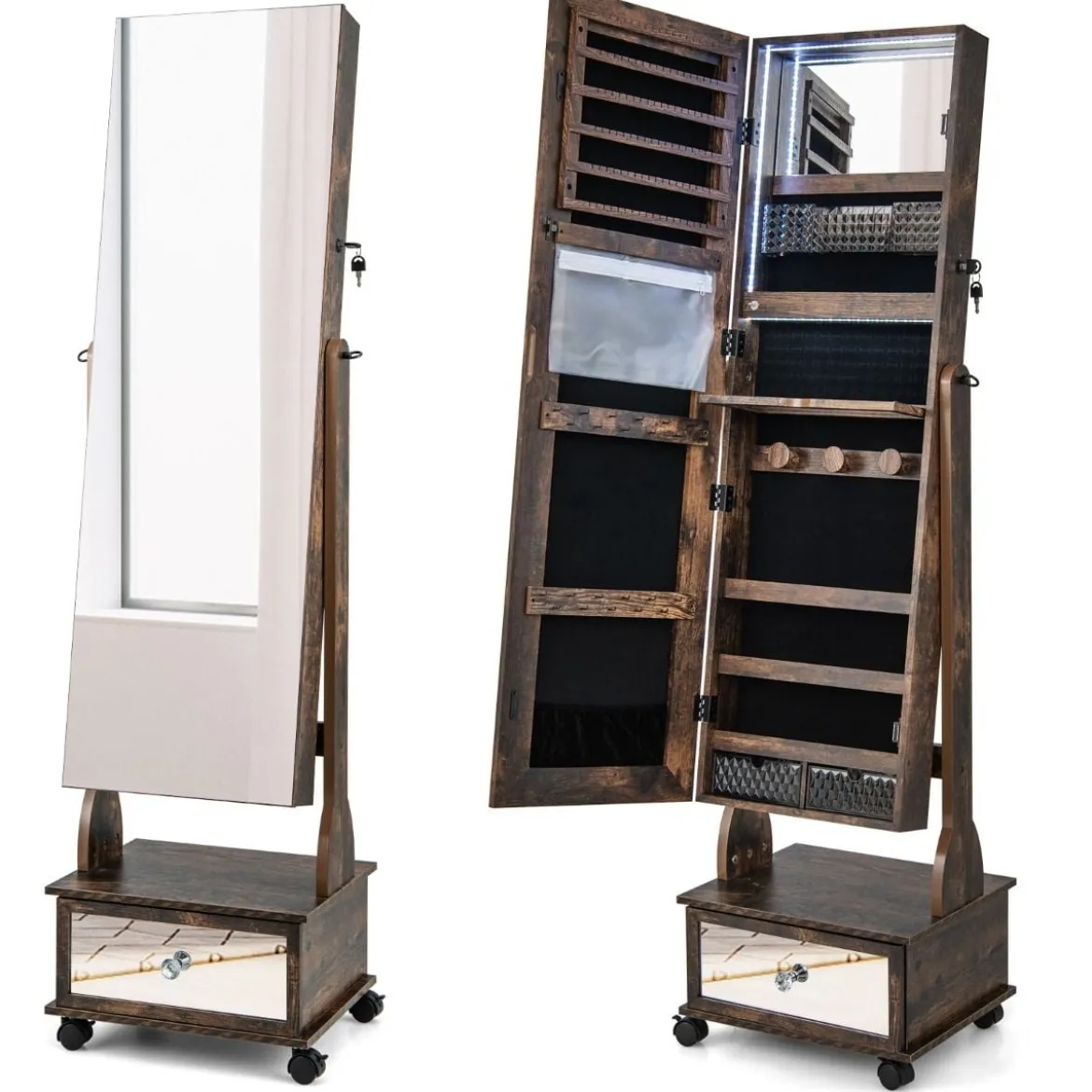 Schmuckschrank mit 3 Spiegeln & Schublade & Rollen & Leuchten Schmuckspiegel Rustikales Braun