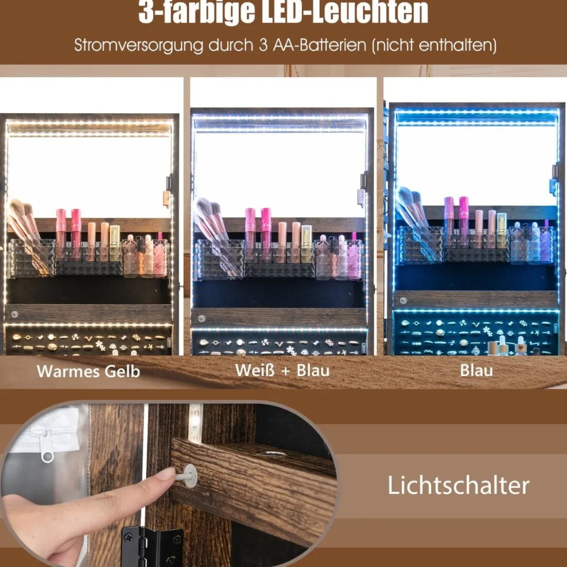 Schmuckschrank mit 3 Spiegeln & Schublade & Rollen & Leuchten Schmuckspiegel Rustikales Braun
