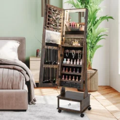 Schmuckschrank mit 3 Spiegeln & Schublade & Rollen & Leuchten Schmuckspiegel Rustikales Braun