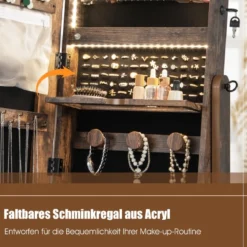 Schmuckschrank mit 3 Spiegeln & Schublade & Rollen & Leuchten Schmuckspiegel Rustikales Braun