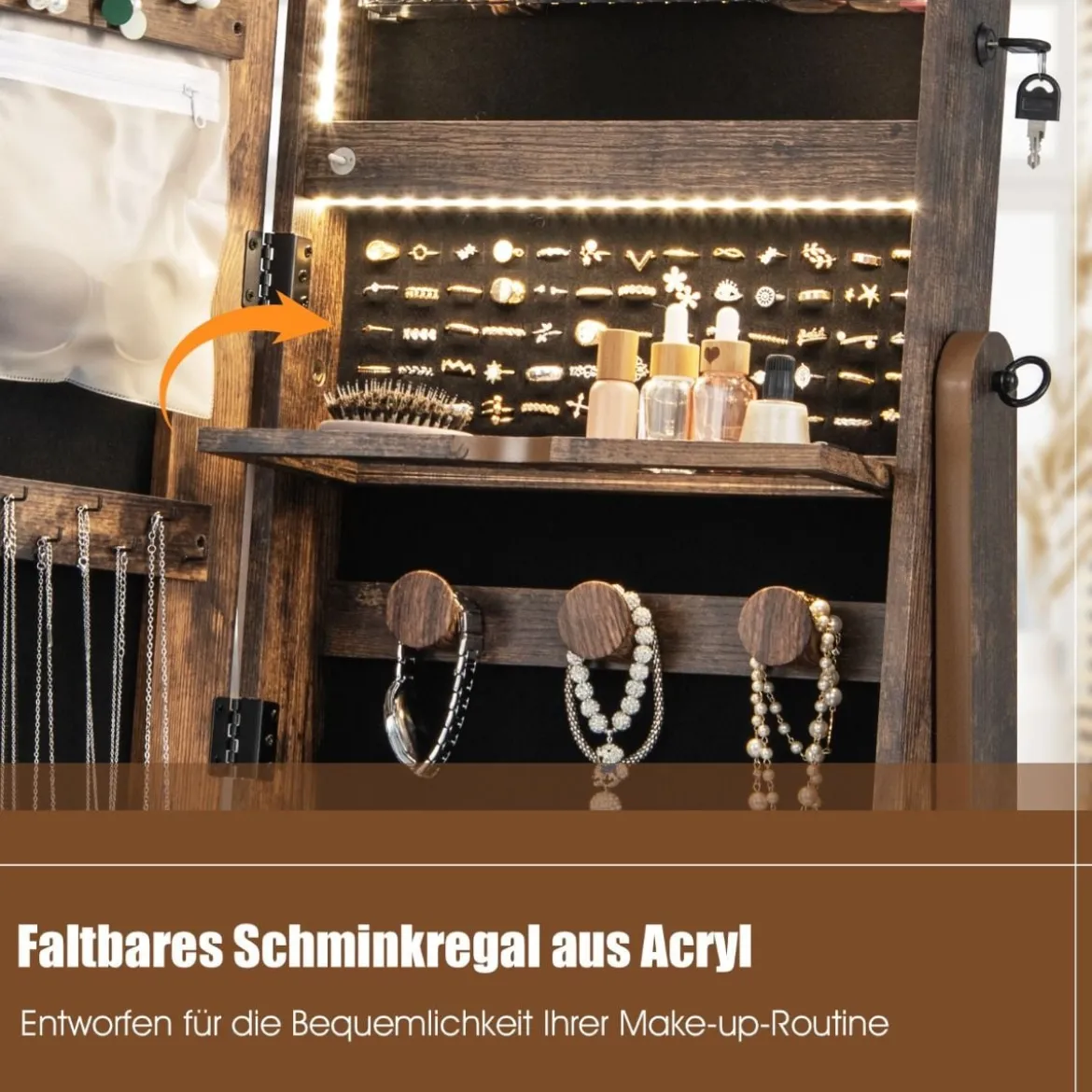 Schmuckschrank mit 3 Spiegeln & Schublade & Rollen & Leuchten Schmuckspiegel Rustikales Braun