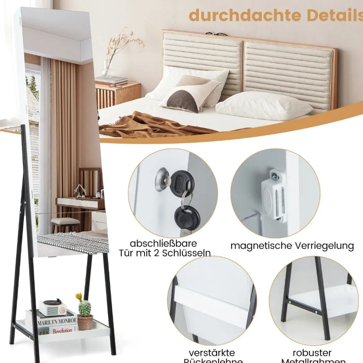 Schmuckschrank mit Spiegel Spiegelschrank abschließbar mit 3 farbigen LED Beleuchten 41 x 35 x 166 cm Weiß