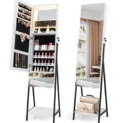 Schmuckschrank mit Spiegel Spiegelschrank abschließbar mit 3 farbigen LED Beleuchten 41 x 35 x 166 cm Weiß