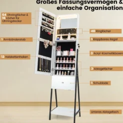 Schmuckschrank mit Spiegel Spiegelschrank abschließbar mit 3 farbigen LED Beleuchten 41 x 35 x 166 cm Weiß