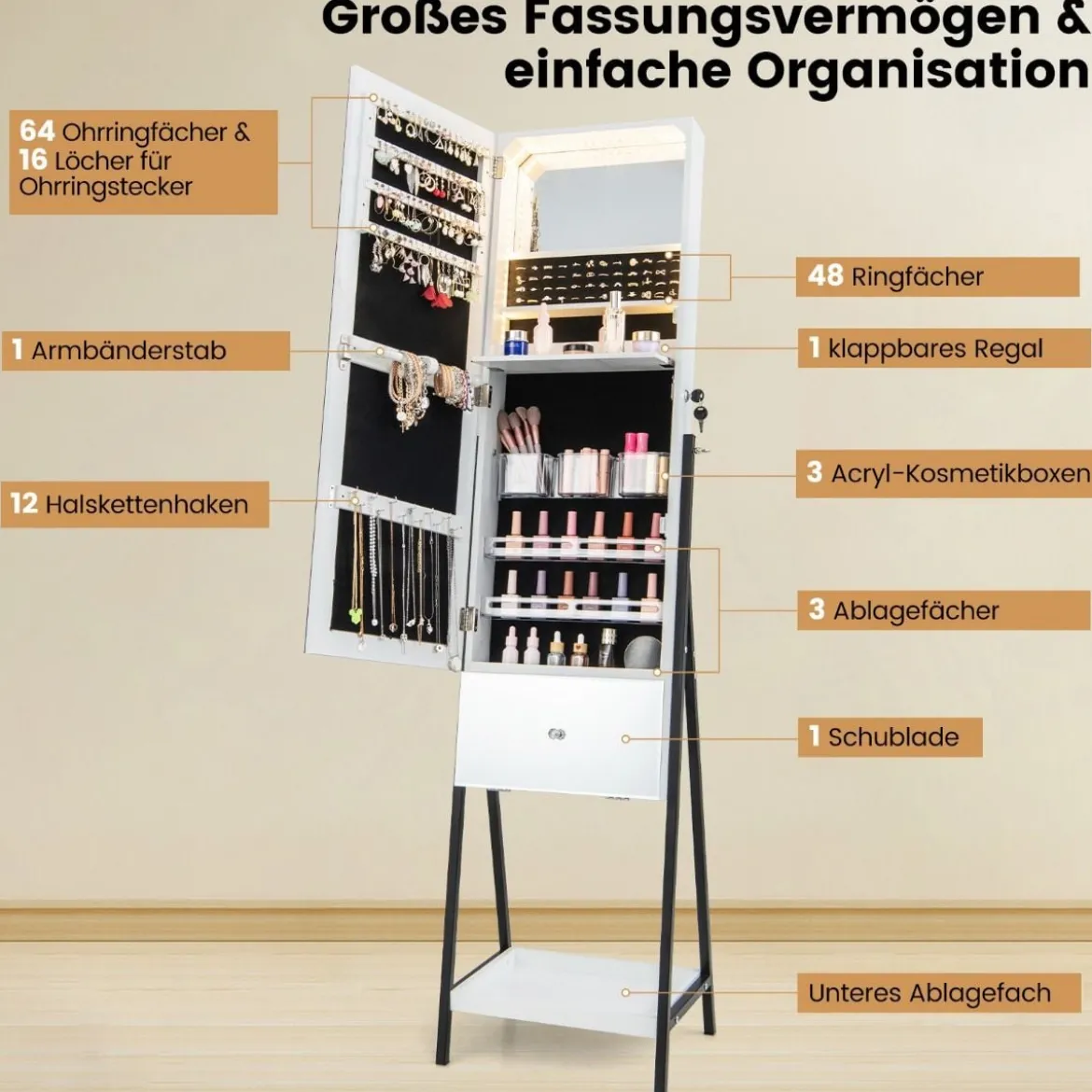 Schmuckschrank mit Spiegel Spiegelschrank abschließbar mit 3 farbigen LED Beleuchten 41 x 35 x 166 cm Weiß