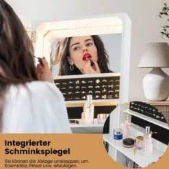 Schmuckschrank mit Spiegel Spiegelschrank abschließbar mit 3 farbigen LED Beleuchten 41 x 35 x 166 cm Weiß