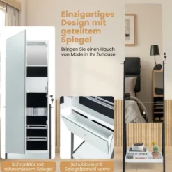 Schmuckschrank mit Spiegel Spiegelschrank abschließbar mit 3 farbigen LED Beleuchten 41 x 35 x 166 cm Weiß