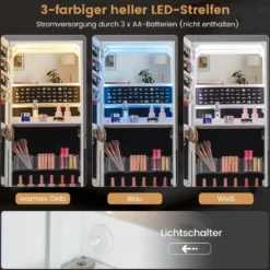 Schmuckschrank mit Spiegel Spiegelschrank abschließbar mit 3 farbigen LED Beleuchten 41 x 35 x 166 cm Weiß