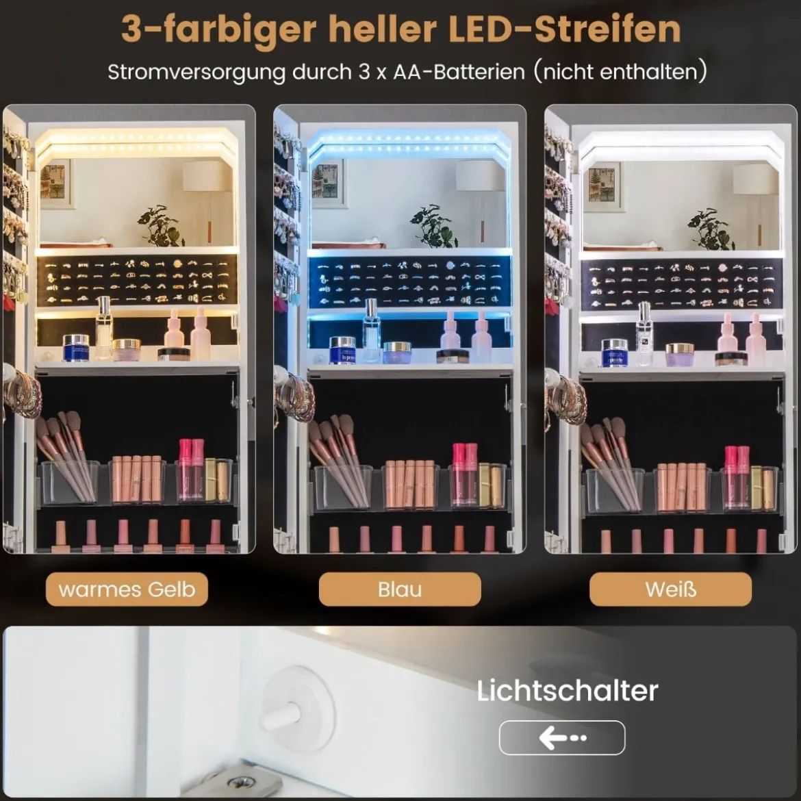 Schmuckschrank mit Spiegel Spiegelschrank abschließbar mit 3 farbigen LED Beleuchten 41 x 35 x 166 cm Weiß