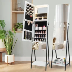 Schmuckschrank mit Spiegel Spiegelschrank abschließbar mit 3 farbigen LED Beleuchten 41 x 35 x 166 cm Weiß