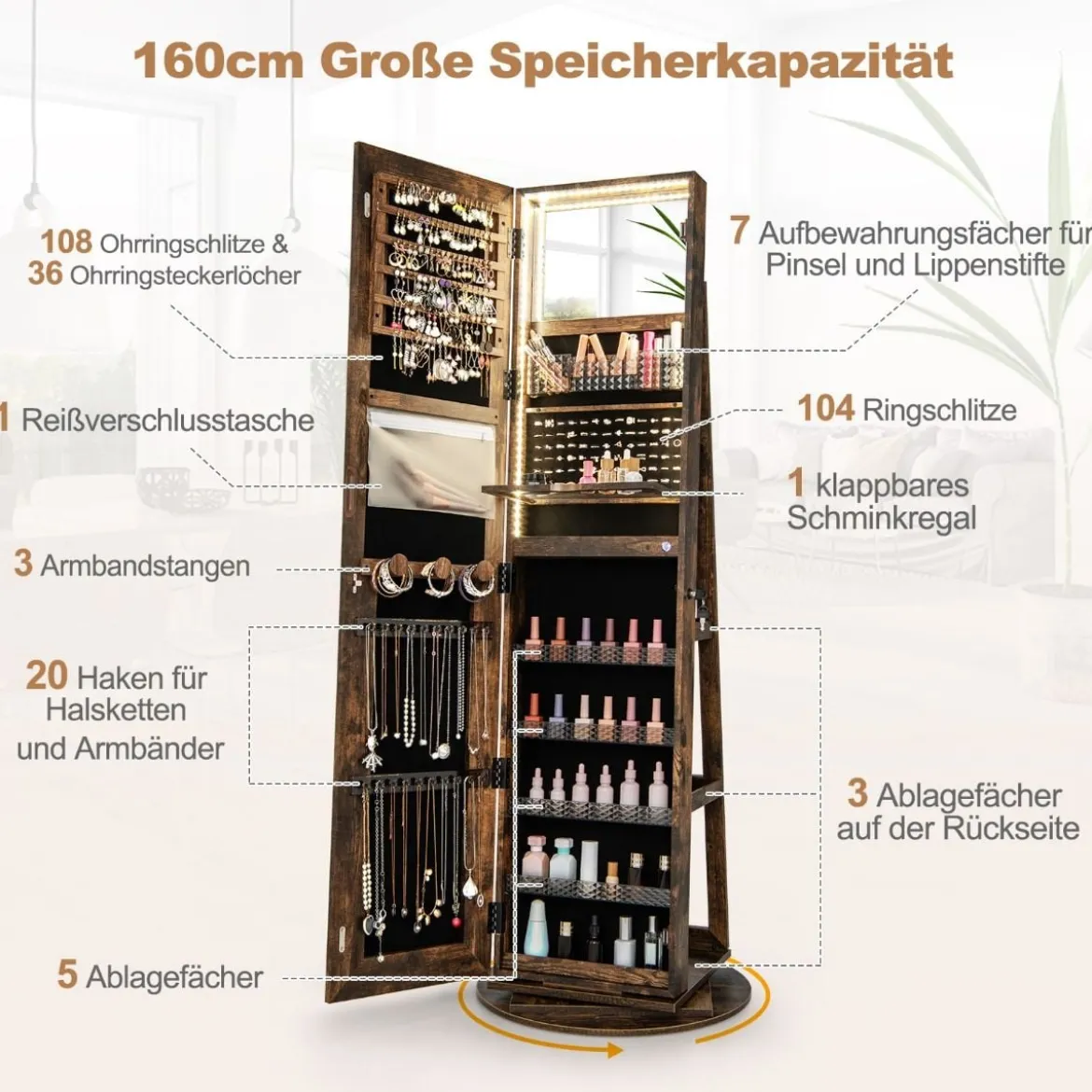 Schmuckschrank mit Spiegel Schmuck Spiegelschrank mit verstellbaren LED-Leuchten 54,5 x 54,5 x 160 cm Vintage