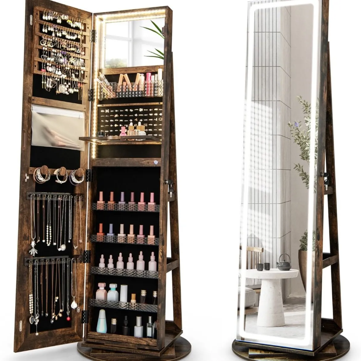 Schmuckschrank mit Spiegel Schmuck Spiegelschrank mit verstellbaren LED-Leuchten 54,5 x 54,5 x 160 cm Vintage