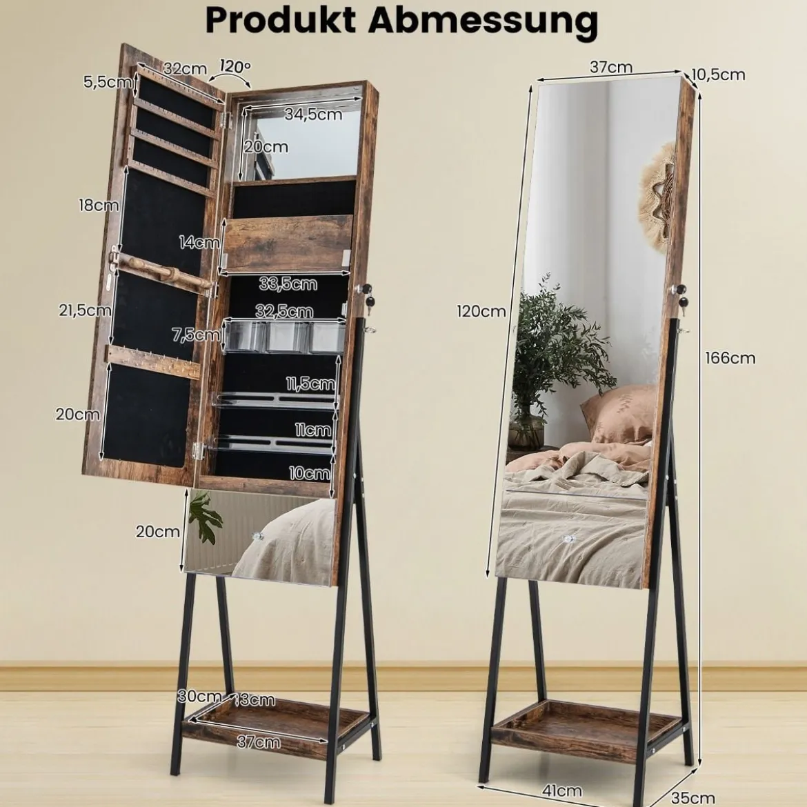 Schmuckschrank mit Spiegel Spiegelschrank abschließbar mit 3 farbigen LED Beleuchten 41 x 35 x 166 cm Braun