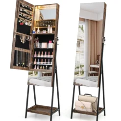 Schmuckschrank mit Spiegel Spiegelschrank abschließbar mit 3 farbigen LED Beleuchten 41 x 35 x 166 cm Braun