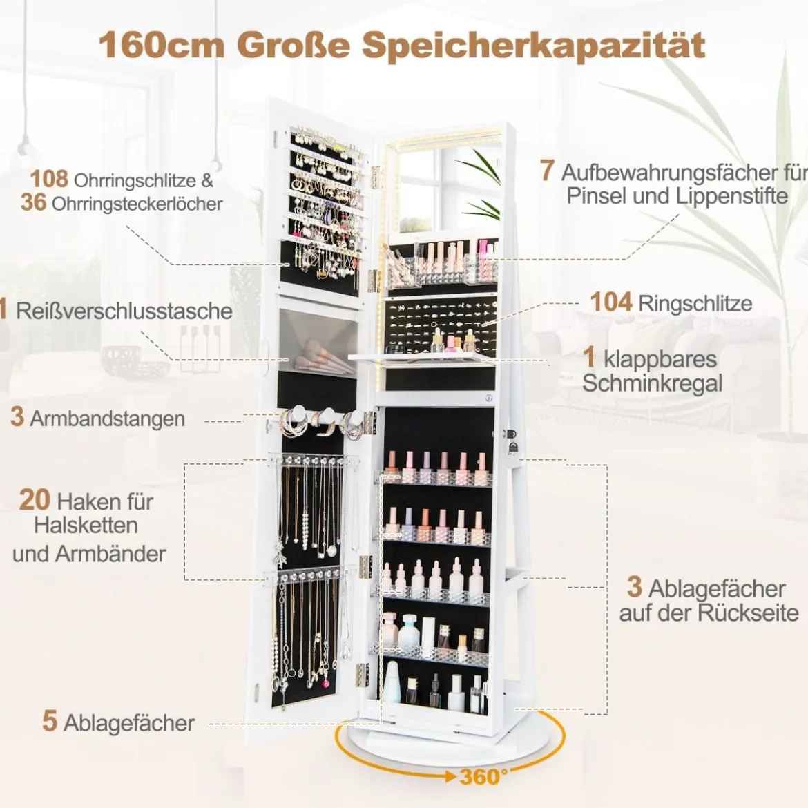 Schmuckschrank mit Spiegel Schmuck Spiegelschrank mit verstellbaren LED-Leuchten 54,5 x 54,5 x 160 cm Weiß