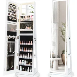 Schmuckschrank mit Spiegel Schmuck Spiegelschrank mit verstellbaren LED-Leuchten 54,5 x 54,5 x 160 cm Weiß
