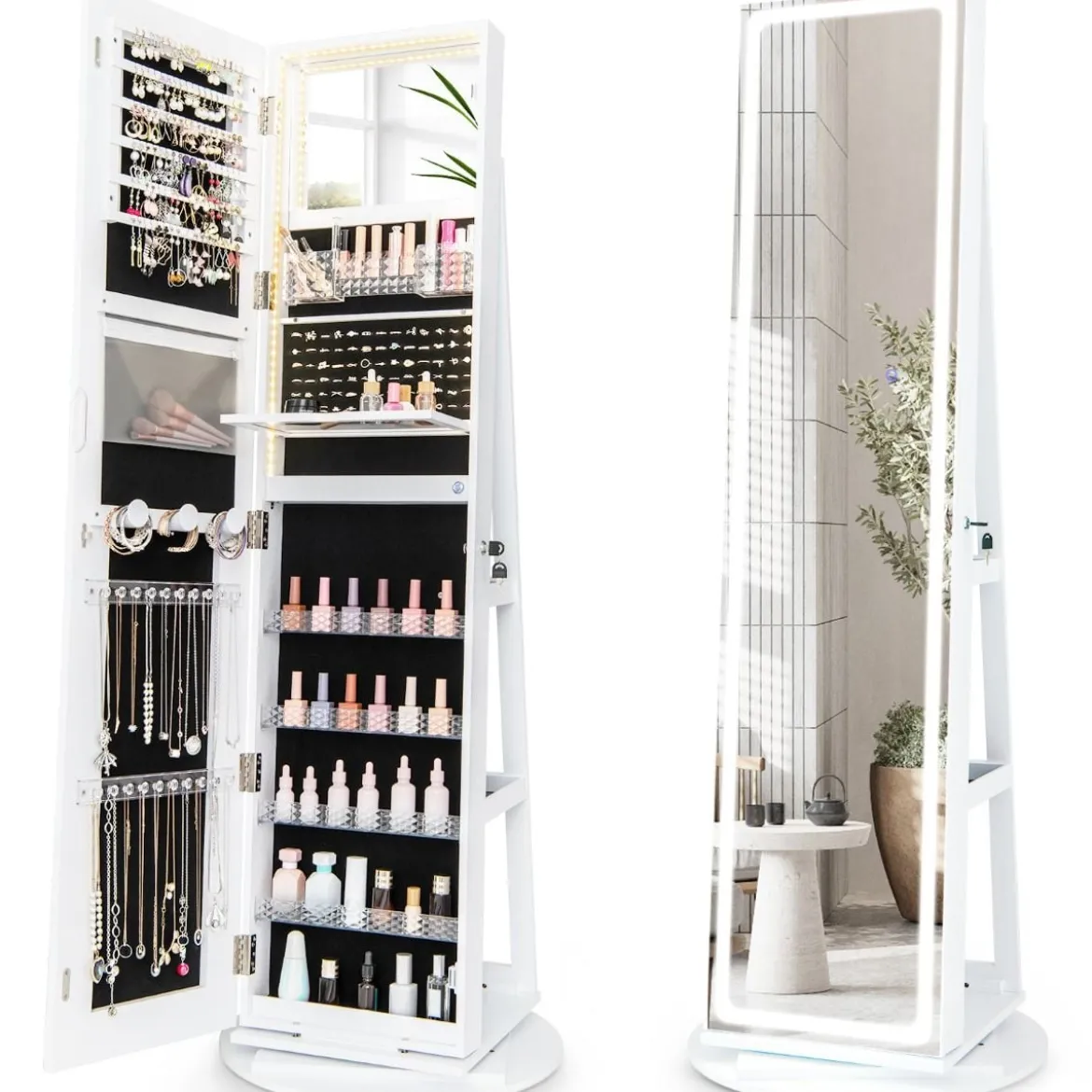 Schmuckschrank mit Spiegel Schmuck Spiegelschrank mit verstellbaren LED-Leuchten 54,5 x 54,5 x 160 cm Weiß