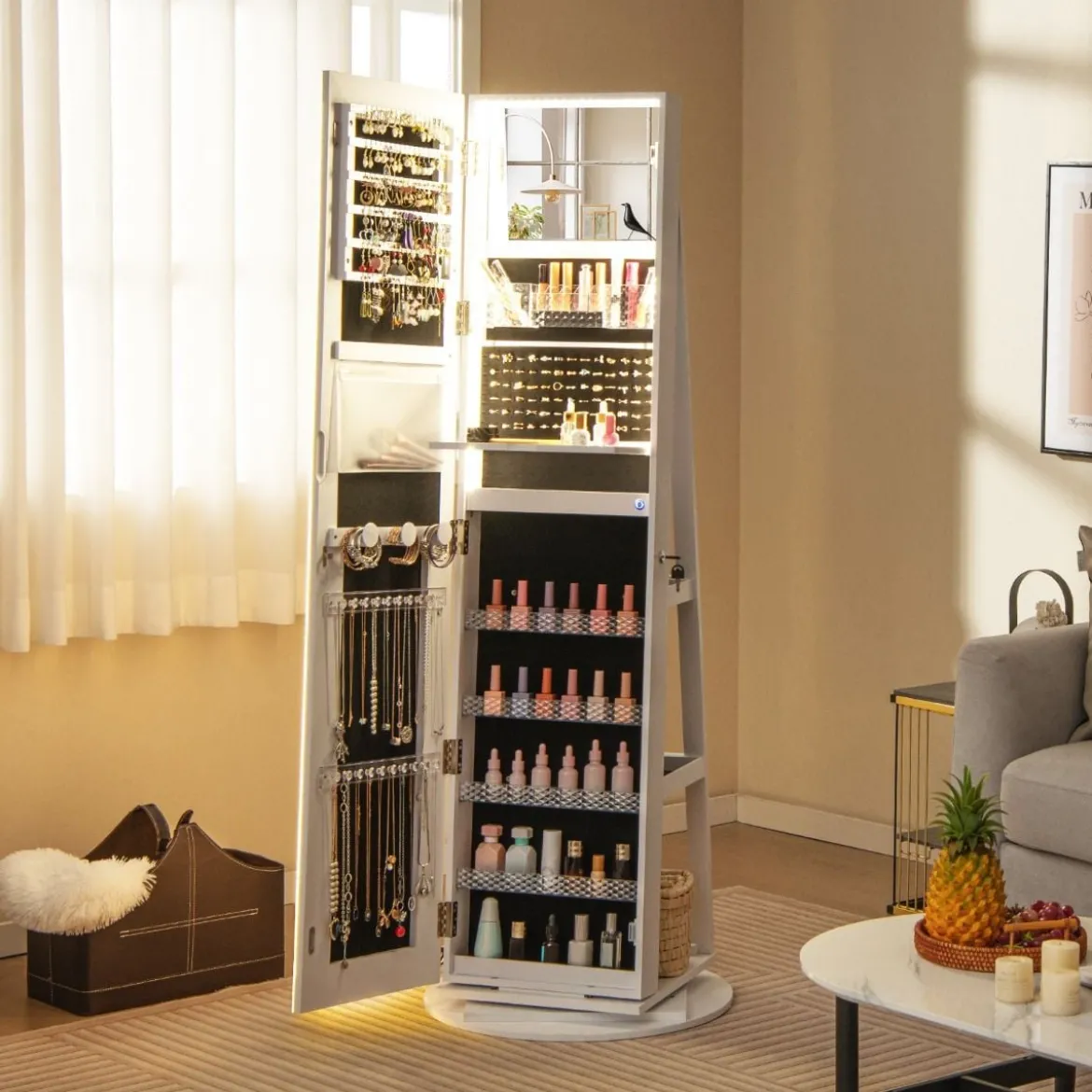 Schmuckschrank mit Spiegel Schmuck Spiegelschrank mit verstellbaren LED-Leuchten 54,5 x 54,5 x 160 cm Weiß